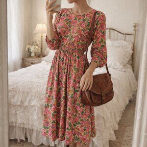 Vintage Floral Midi Dress Fit and Flare Long Sleeve Elastic Waist Pink Green M